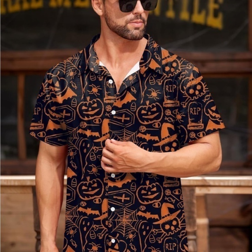 Arvilhill Men's Halloween Button Down Shirt Short Sleeve 2XL